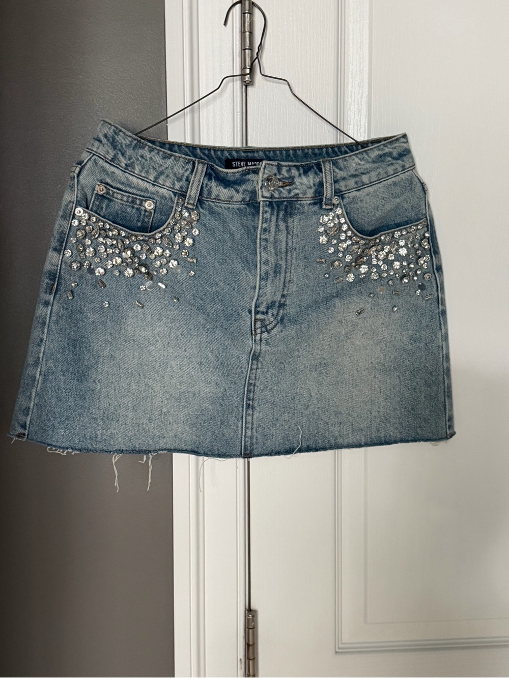 Steve Madden Light Blue Denim Mini Skirt with Crystal Embellishments